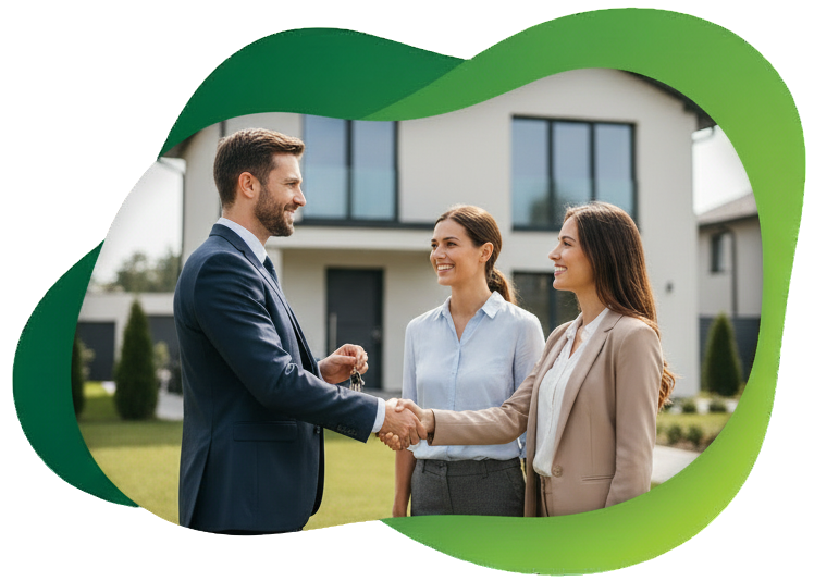 A professional in a suit shakes hands with a person in a blazer outside a house, with a smiling bystander nearby.