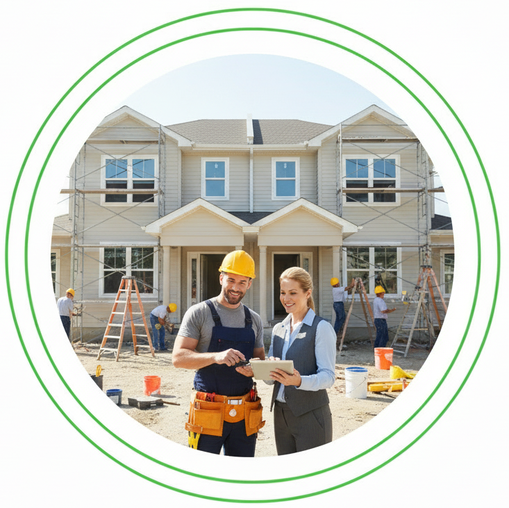 Two professional men in a car repair shop looking at a tablet while standing near a shelf of spare parts.