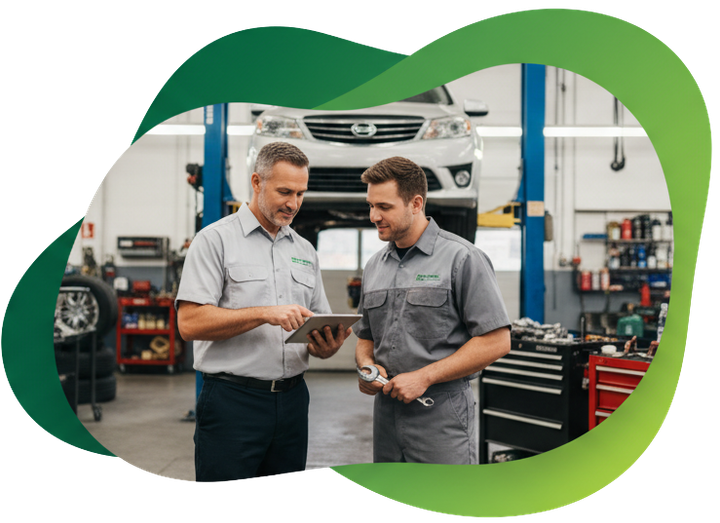 Two mechanics in uniforms consult a tablet while standing in an auto repair shop with a car on a lift in the background.