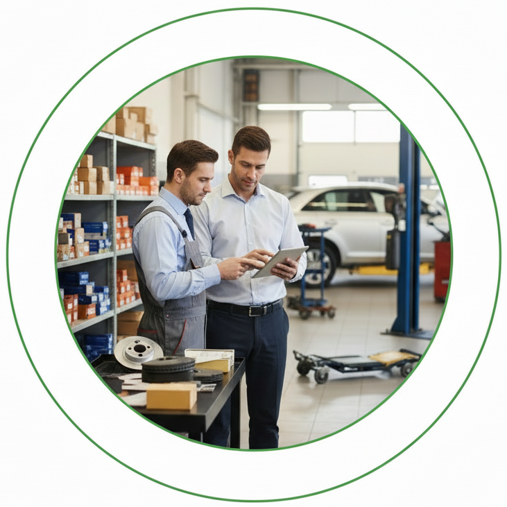 Two professionals in a workshop consult a tablet while standing near shelving stocked with auto parts.