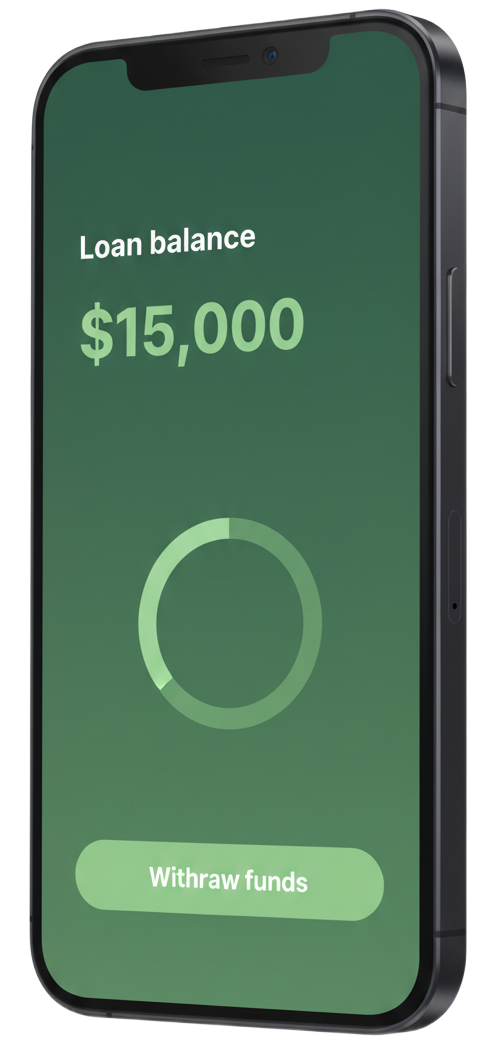 A smartphone screen shows a $15,000 loan balance with a progress circle and a 