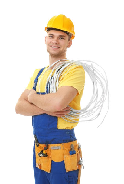 A man wearing a hard hat and overalls is holding a roll of wires.