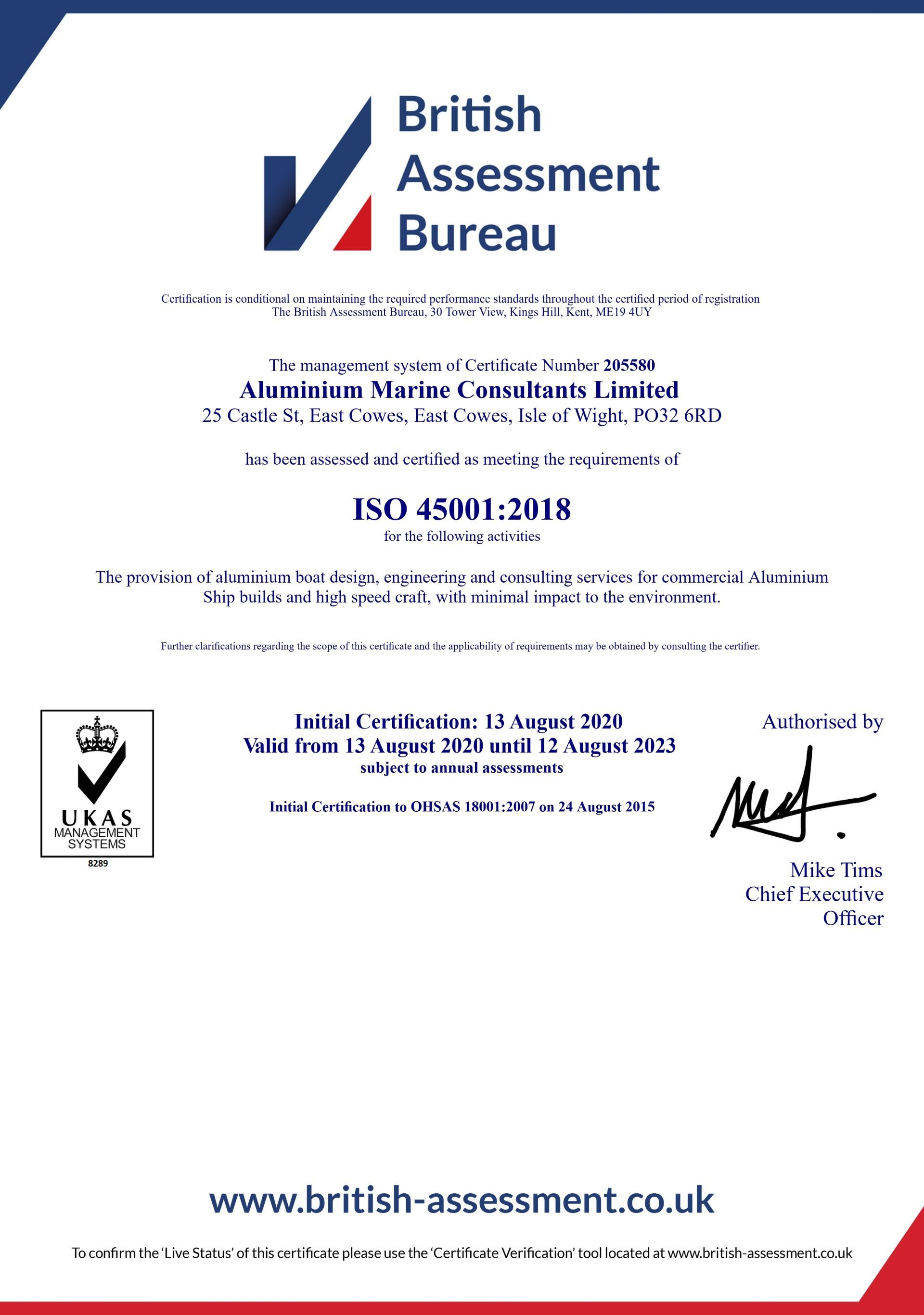 ISO 45001 certificate for Aluminium Marine Consulatants.