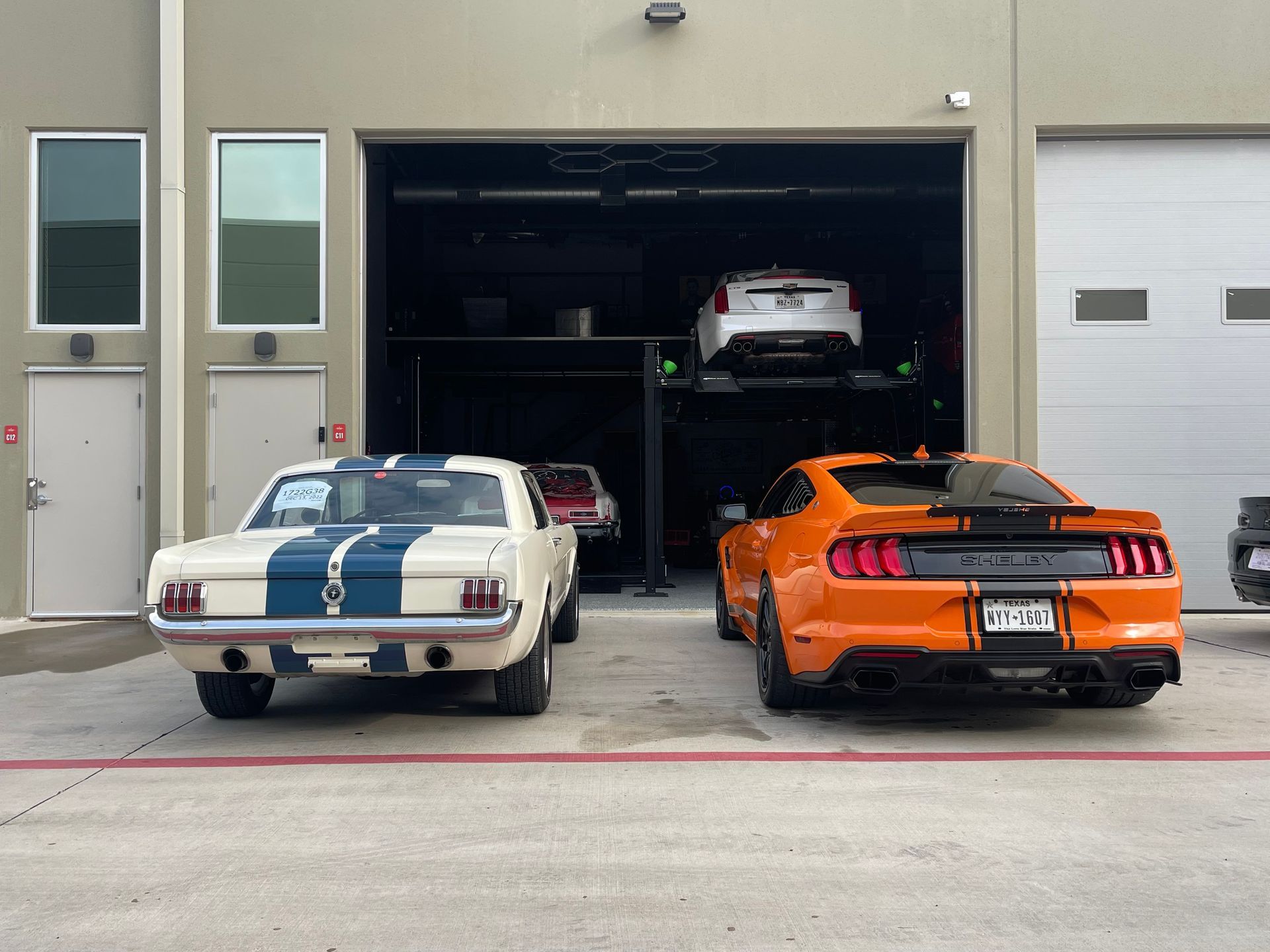 Classic and modern Mustangs parked outside a garage. One is white with blue stripes, the other orange. | Auto Motive
