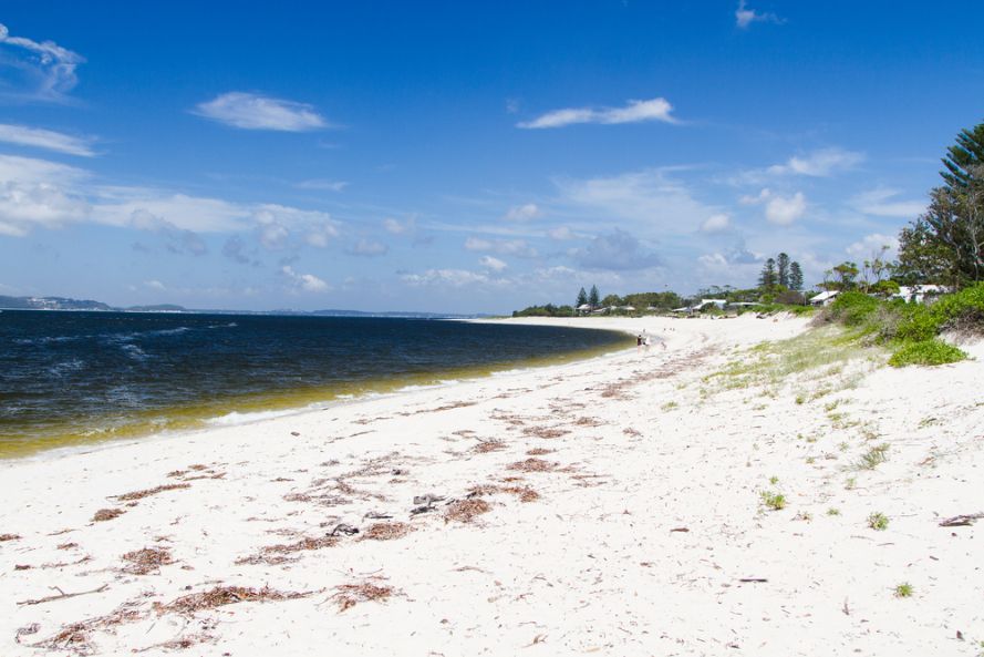 A White Sandy Beach With a Body of Water in the Background — Port Stephens Removals & Storage In Tea Gardens, NSW