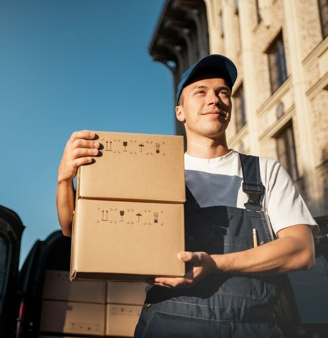 A Man In Overalls Is Holding A Cardboard Box With The Letter T On It  — Port Stephens Removals & Storage In Salt Ash, NSW