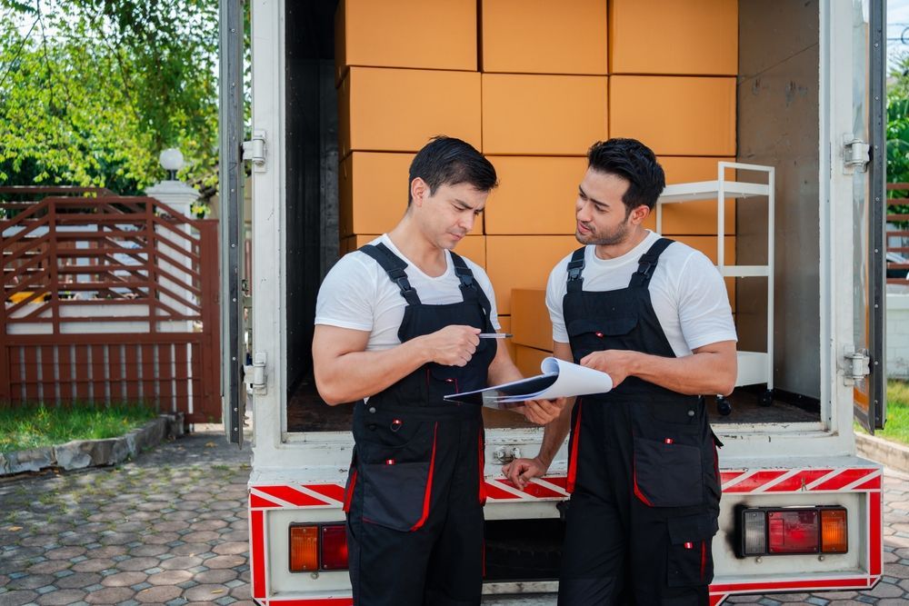 Two Men Are Standing In Front Of A Truck Filled With Boxes — Port Stephens Removals & Storage In Williamtown, NSW