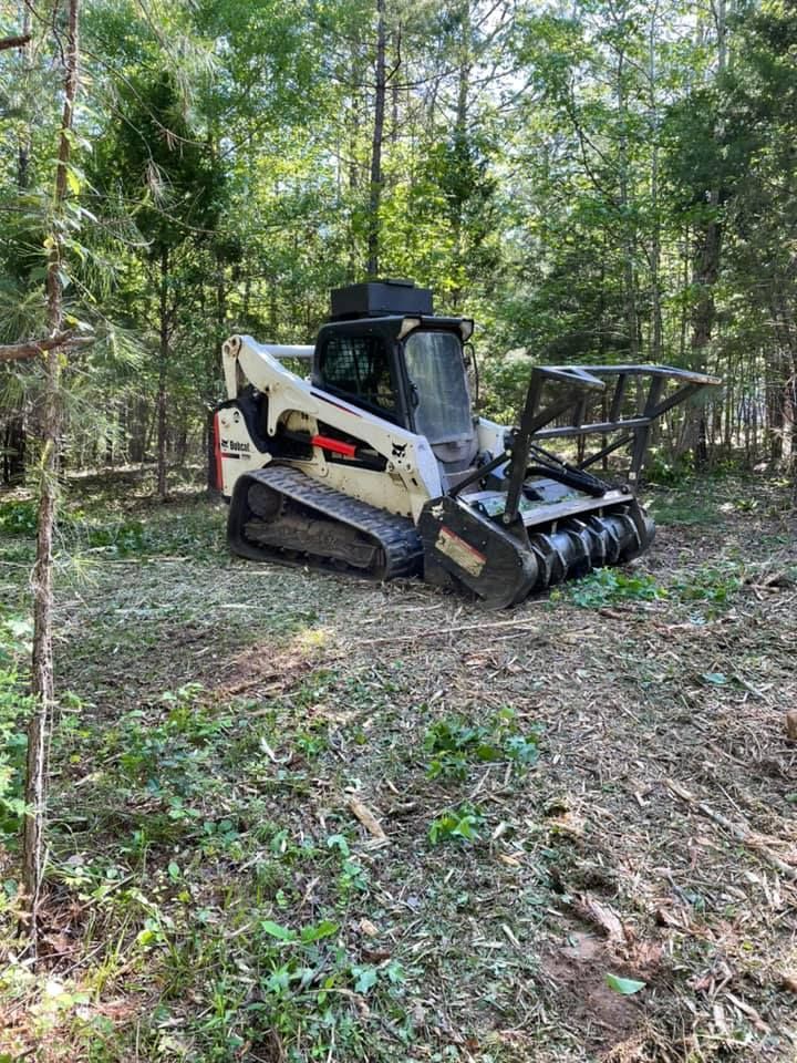 White Bobcat forestry mulcher clearing vegetation in a forest clearing.