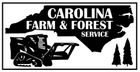 Logo for Carolina Farm & Forest Service: black silhouette of NC with text, skid steer, and trees.