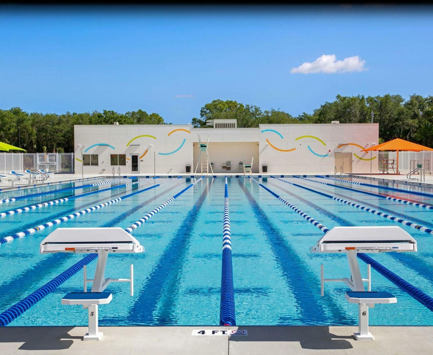 Outdoor Olympic swimming pool with blue lanes, starting blocks, and a clear sky.