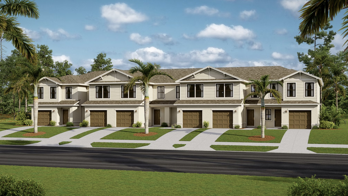 Row of modern beige townhouses with garages and palm trees along a sunny street