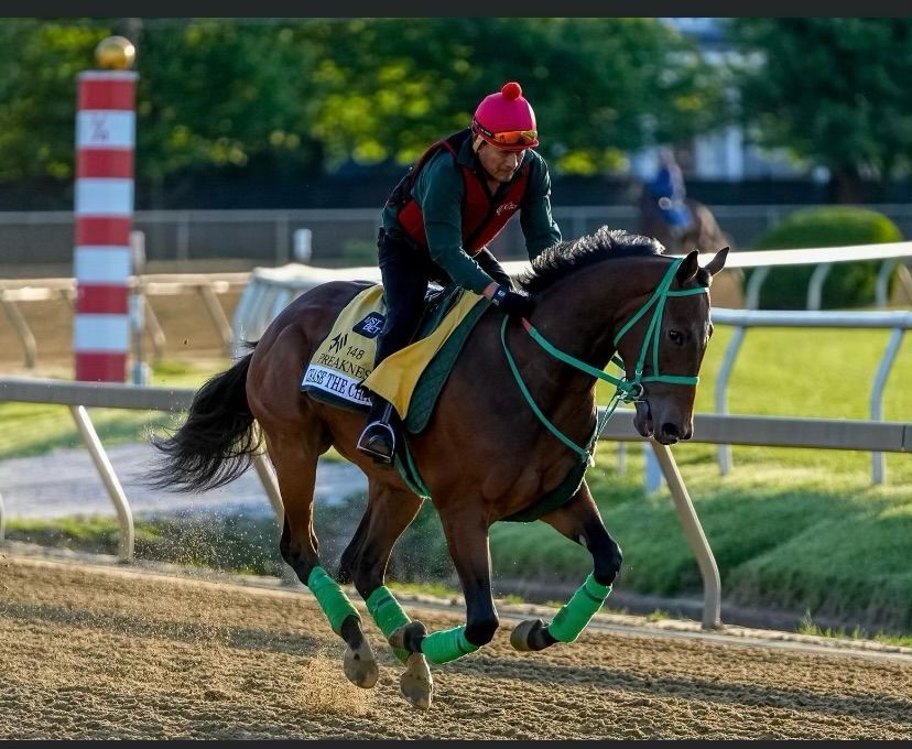 A jockey is riding a brown horse on a track