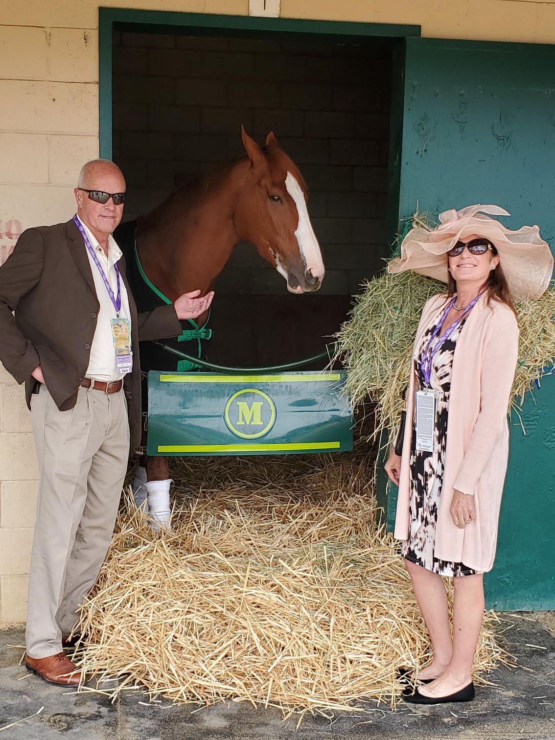 A man and a woman are standing next to a horse in a stable.
