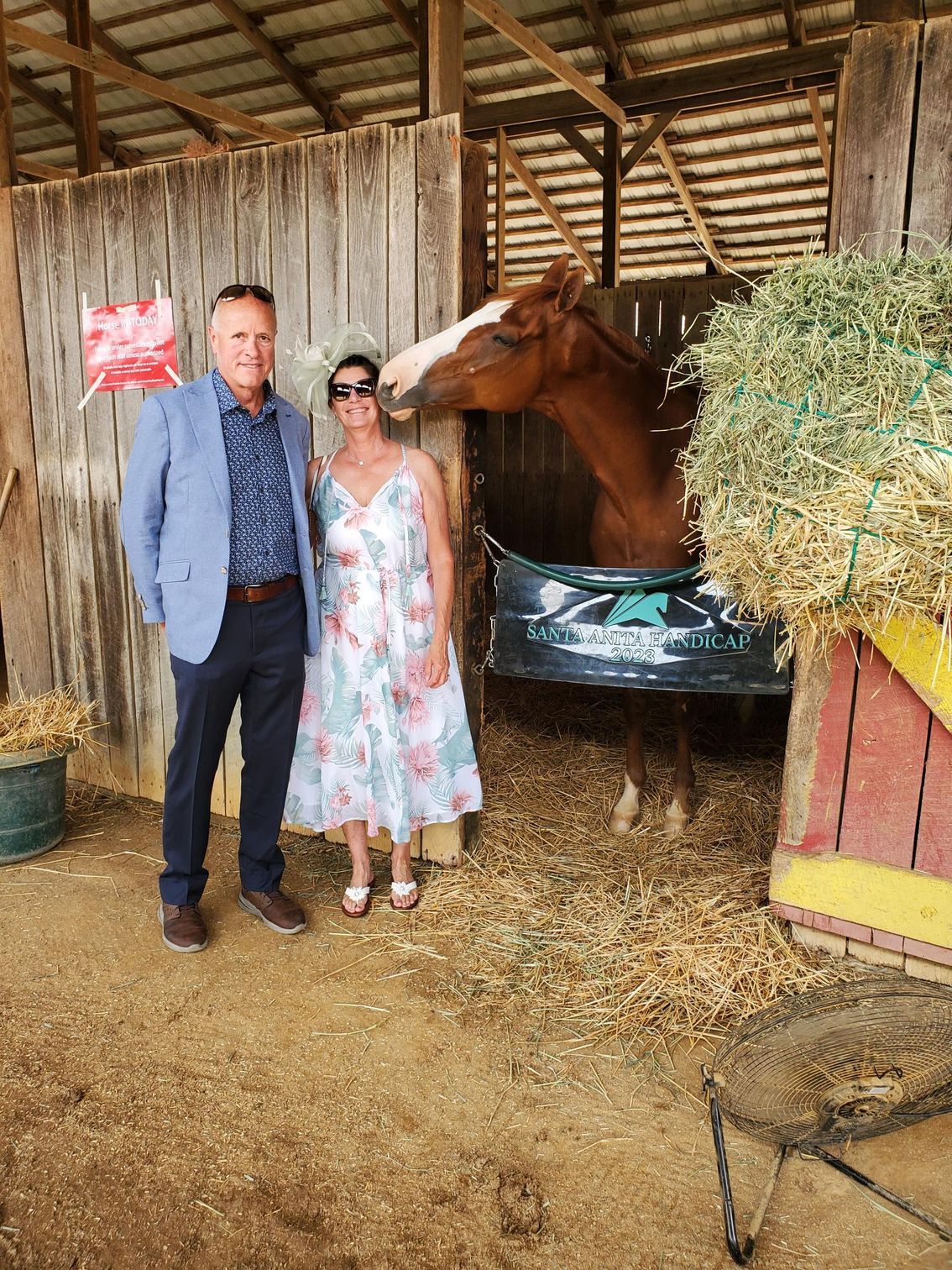 A man and a woman are standing next to a horse in a stable.