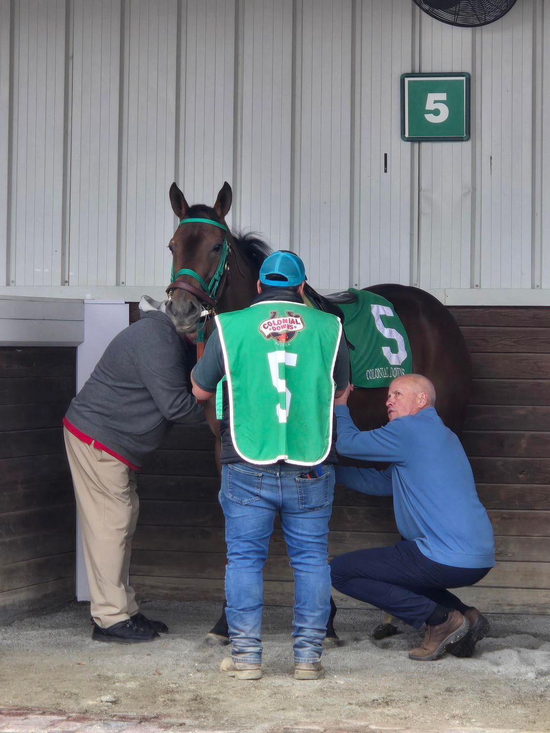 A man wearing a green vest with the number 5 on it
