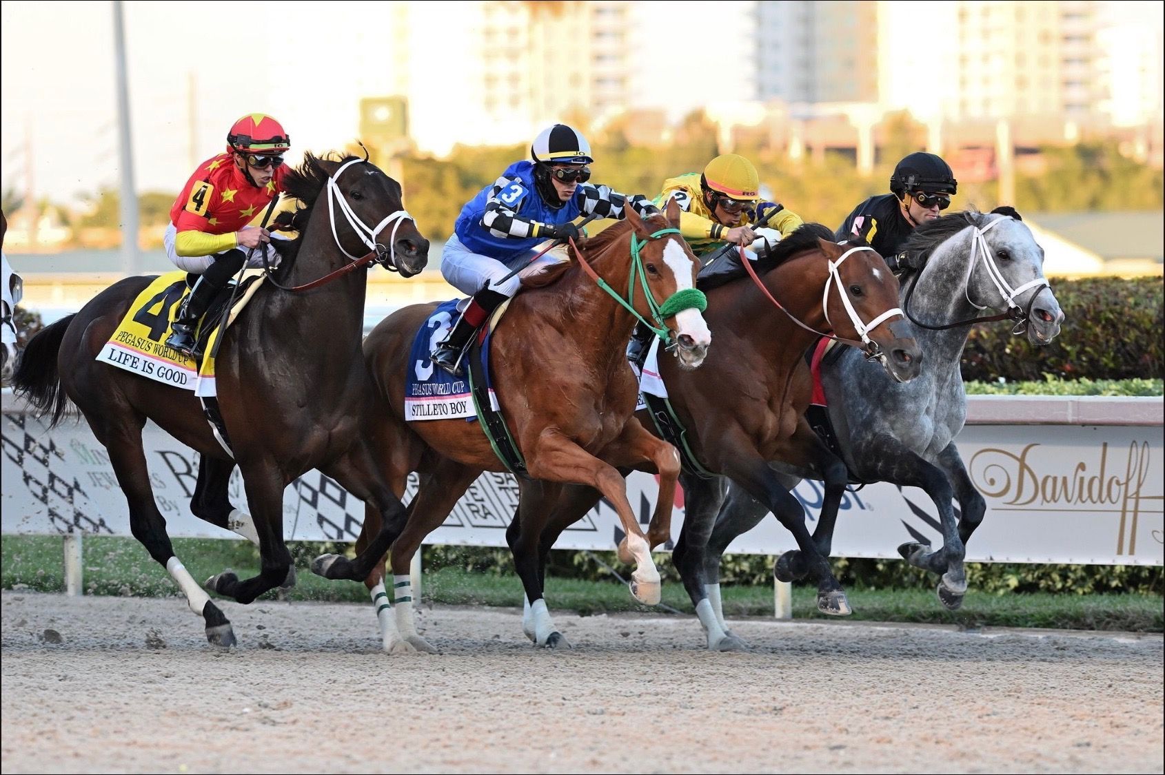 A group of horses are racing on a track.