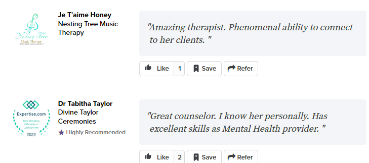 A screenshot of a facebook page that says amazing therapist phenomenal ability to connect to her clients