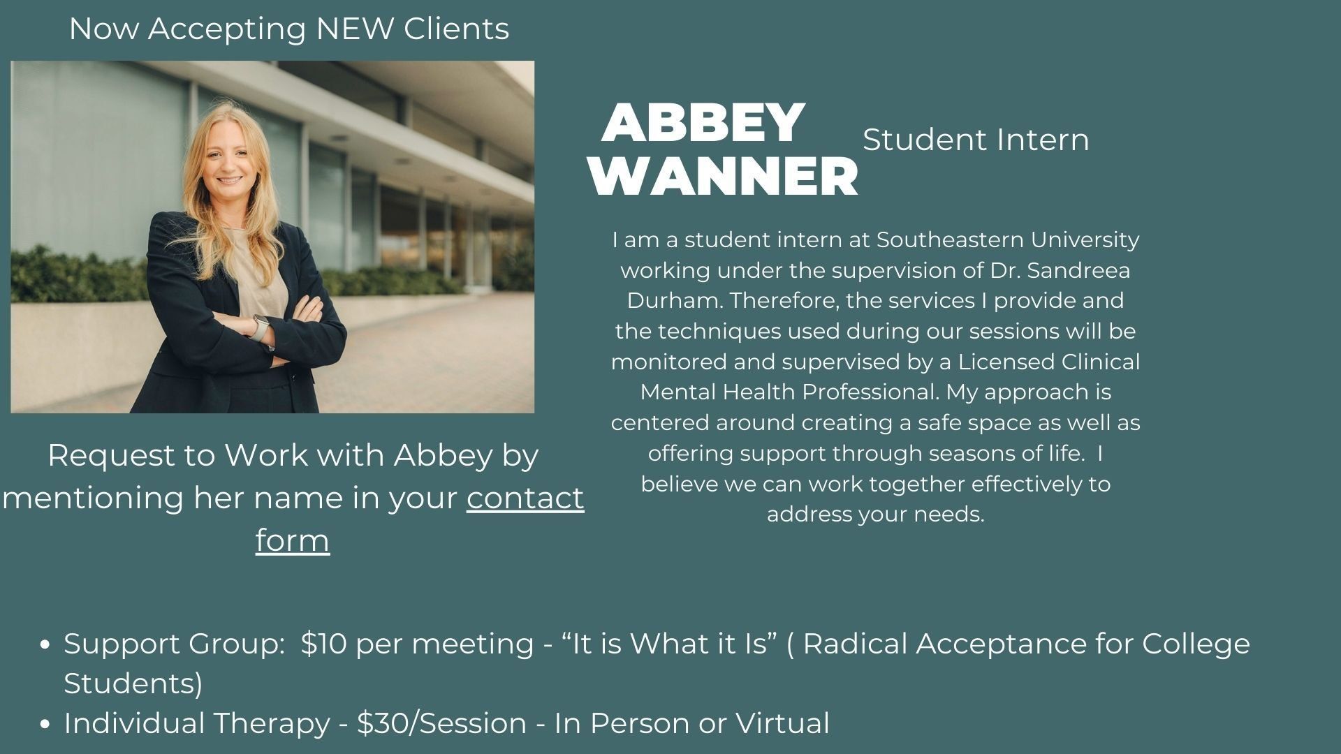 An ad for abbey wanner shows a woman standing in front of a building