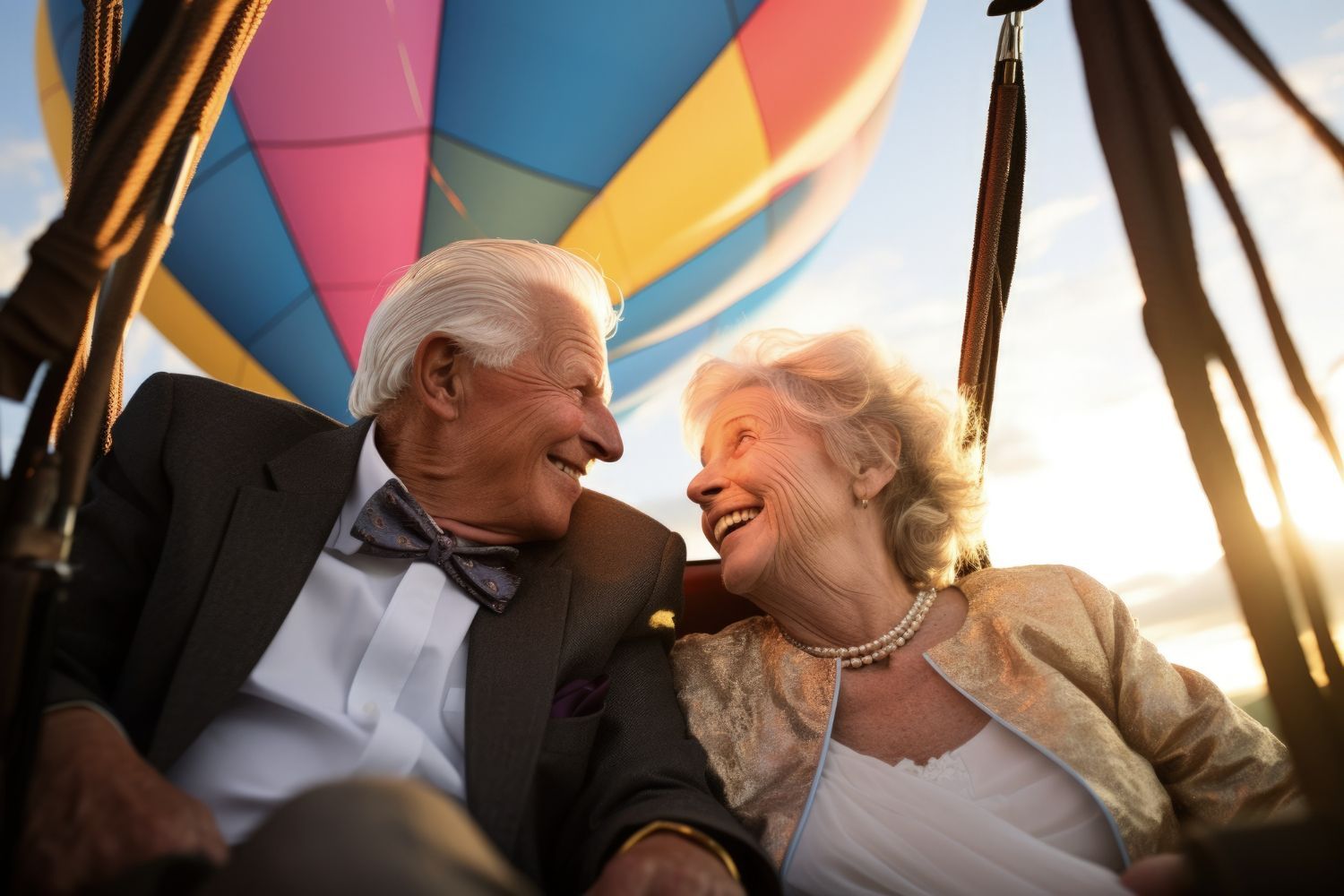 An elderly couple is sitting in a hot air balloon.