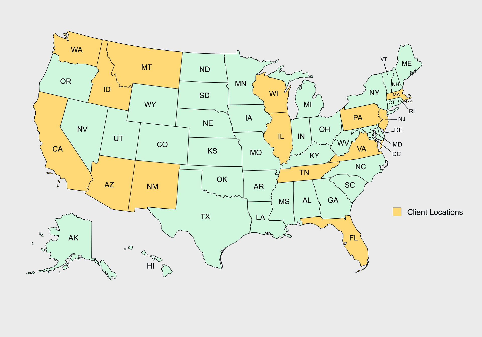Map of the US highlighting some states in orange to show client locations.