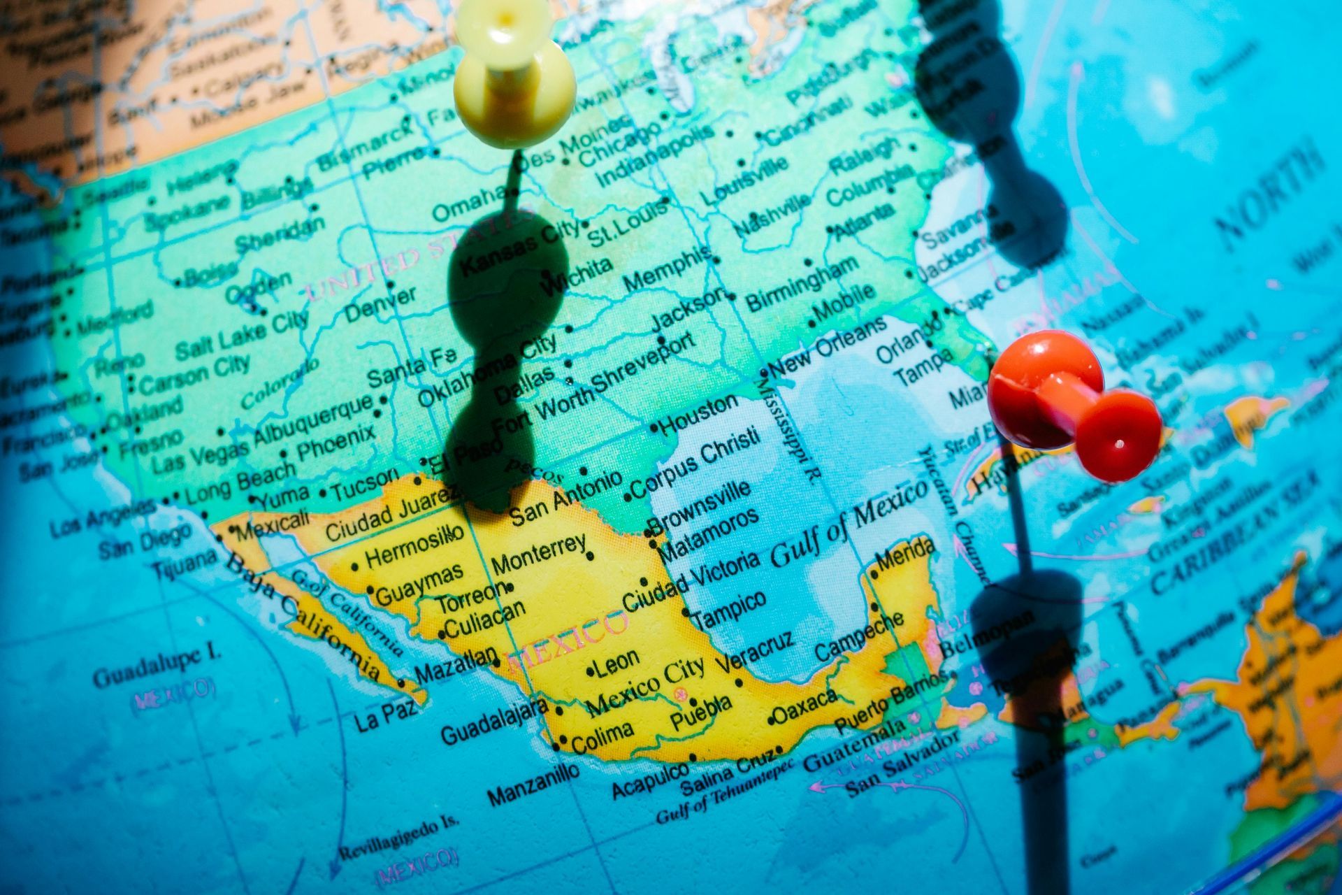 A map of mexico with pins pinned to it