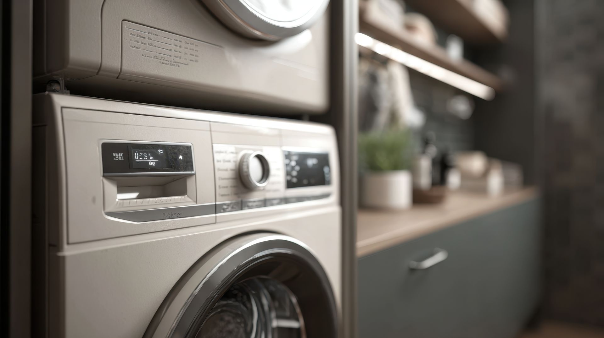 Washer and dryer stacked in a laundry room, with a countertop and shelves visible.