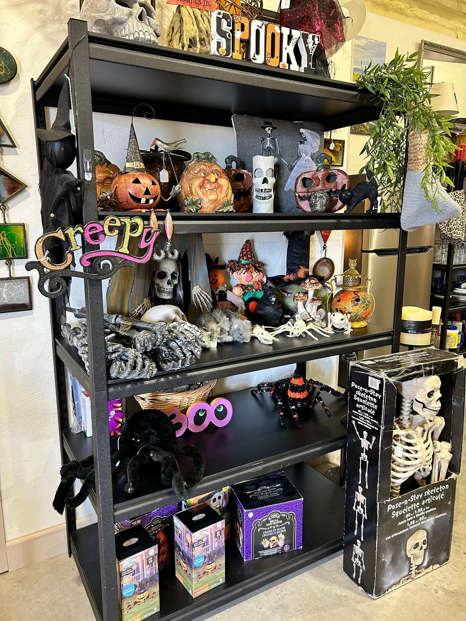 Black shelving unit filled with Halloween decorations, including pumpkins, skulls, and boxes.