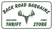 Logo for "Back Road Bargains" thrift store featuring a deer skull silhouette.