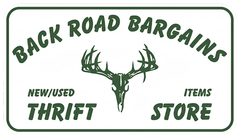 Logo for "Back Road Bargains" thrift store featuring a deer skull silhouette.