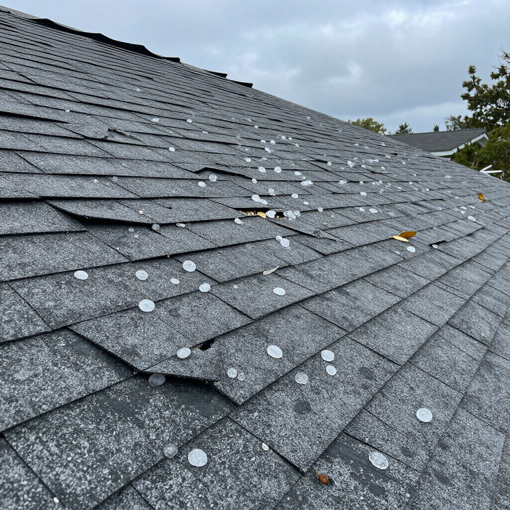 Storm-damaged gray shingle roof with missing shingles and scattered white hail spots