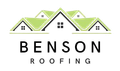 Logo for Benson Roofing featuring green roof house icons above the company name in black text.