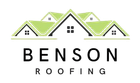 Logo for Benson Roofing featuring green roof house icons above the company name in black text.