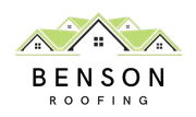 Logo for Benson Roofing featuring green roof house icons above the company name in black text.