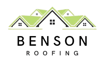 Logo for Benson Roofing featuring green roof house icons above the company name in black text.