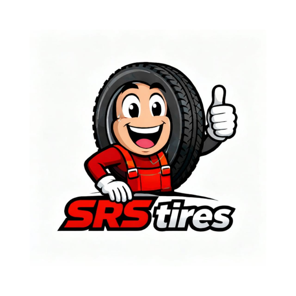 Smiling cartoon tire repairman giving a thumbs up.