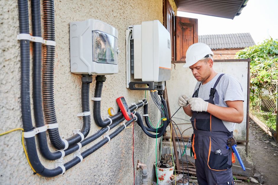 Electrician working on solar panel equipment, outdoors.