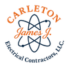 Logo for Carleton James J. Electrical Contractors, LLC. Features text, a stylized atom, and the colors orange and dark blue.