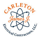 Logo for Carleton James J. Electrical Contractors, LLC. Features text, a stylized atom, and the colors orange and dark blue.