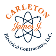 Carleton Electric logo: blue text, lightbulb, yellow with dark blue outline, light rays.