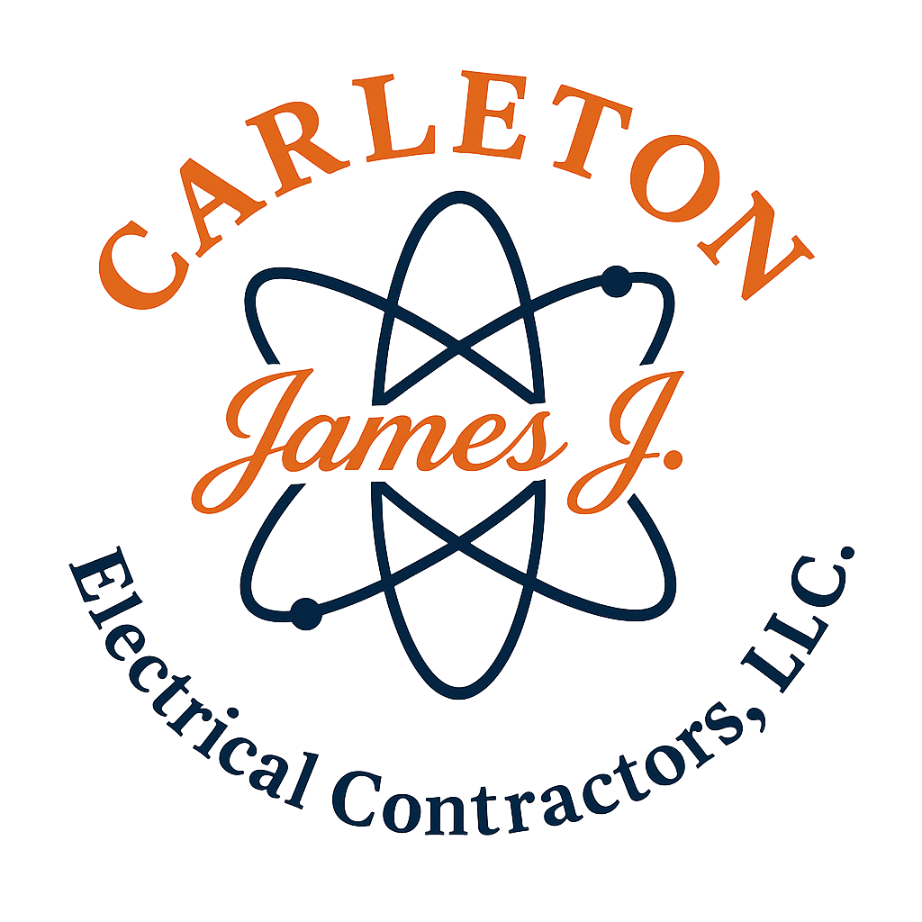 Logo for Carleton James J. Electrical Contractors, LLC. Features text, a stylized atom, and the colors orange and dark blue.