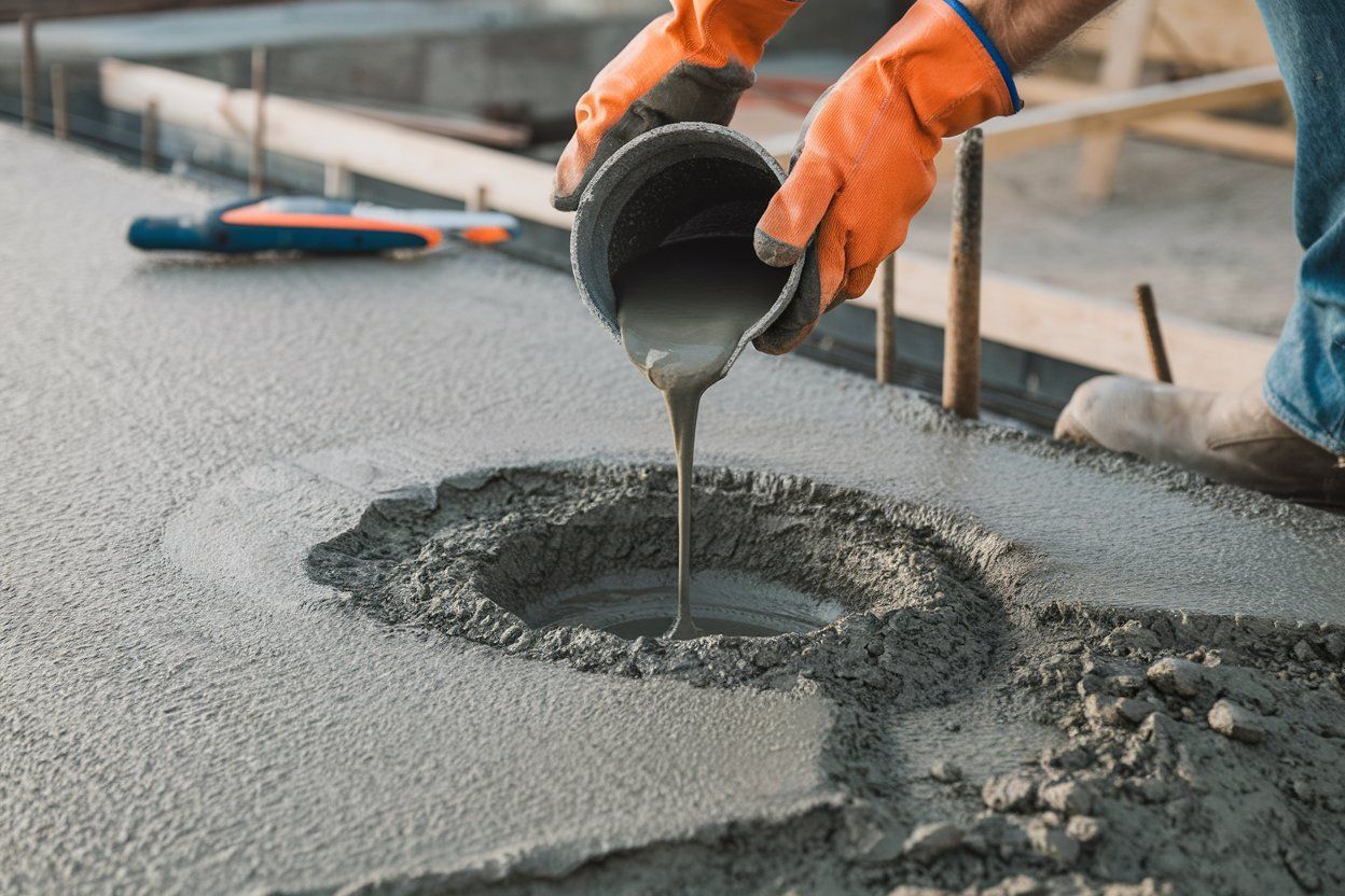 A person is pouring concrete into a hole in the ground.