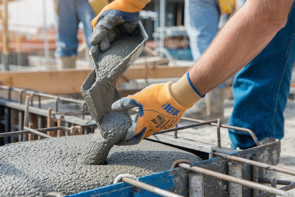 A construction worker is pouring concrete into a container at a construction site.