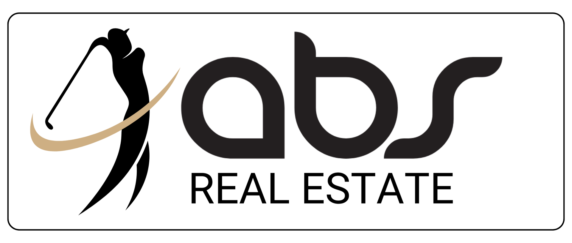 A logo for abs real estate with a golfer holding a golf club.