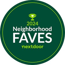A green circle with the words `` neighborhood faves nextdoor '' on it.
