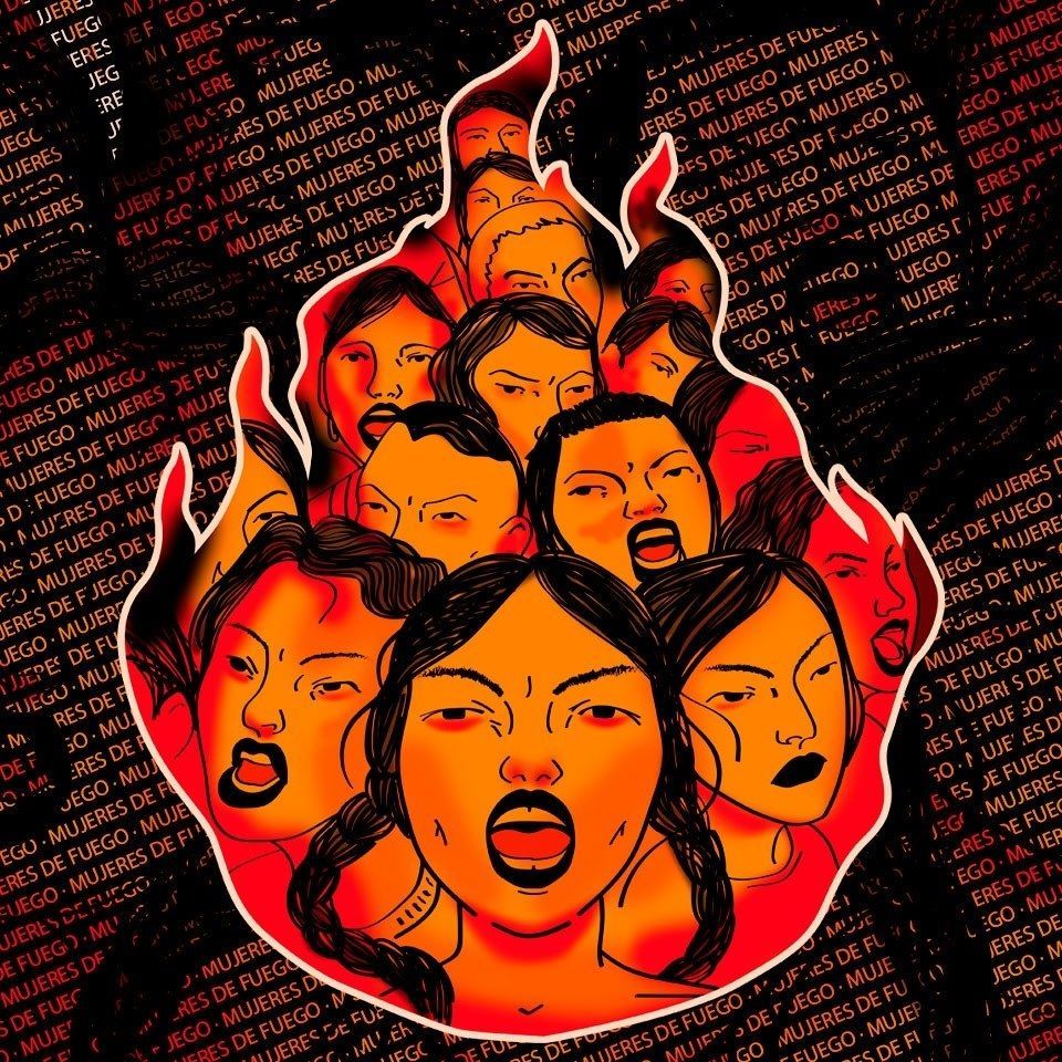 Un dibujo de una mujer con una llama alrededor de su cabeza.