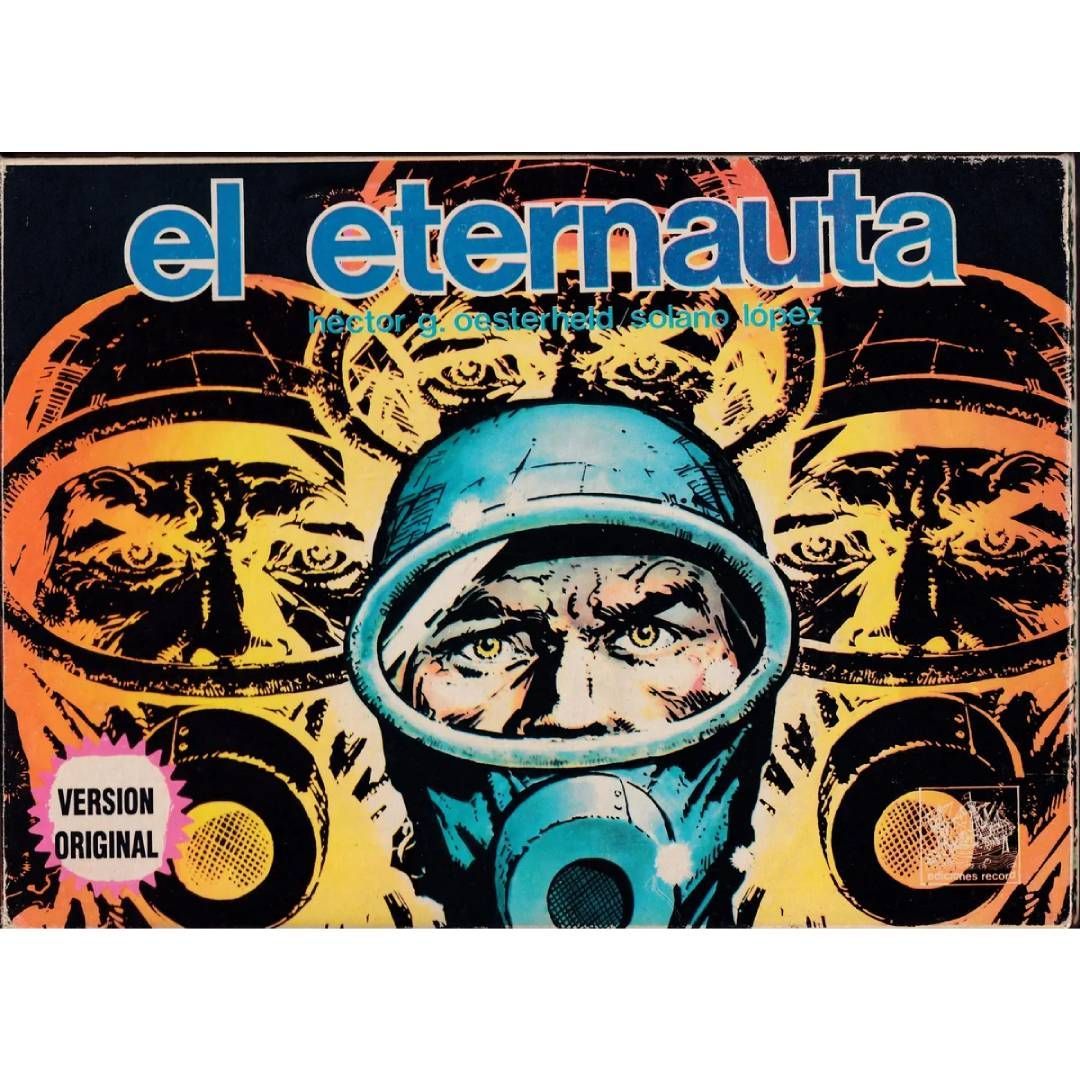 Un cómic llamado El Eternauta presenta a un hombre que lleva una máscara de gas.