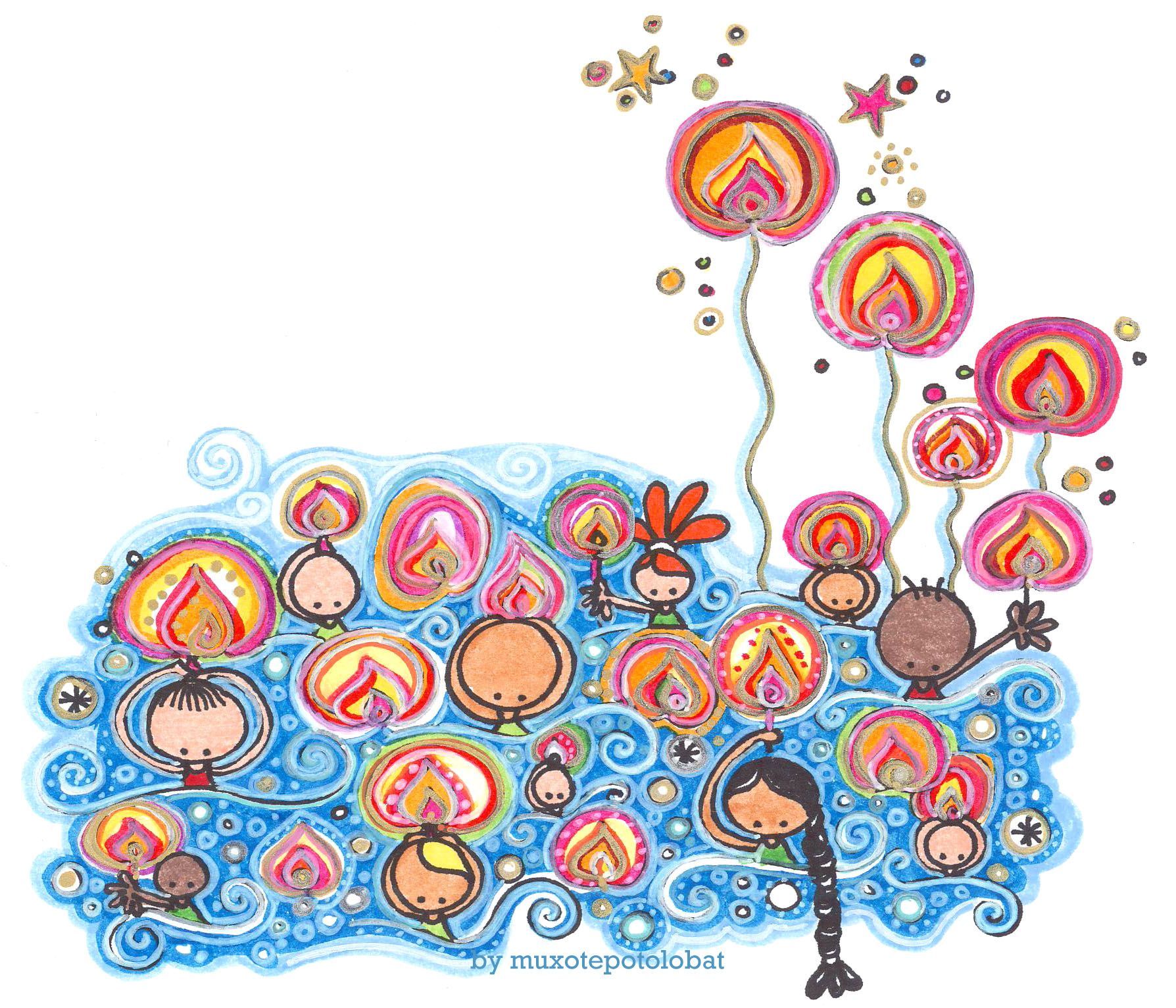 Un dibujo de una niña rodeada de flores y remolinos.