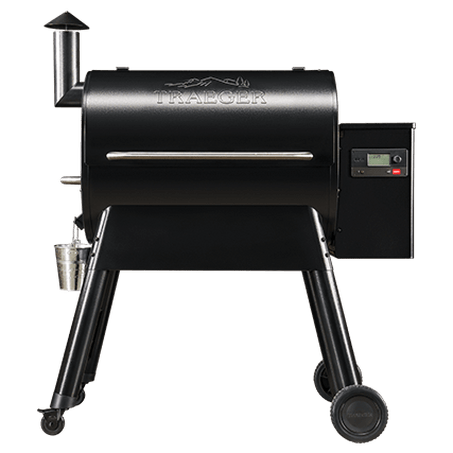 A black wood pellet grill with wheels on a white background.