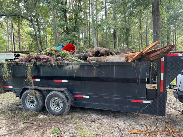 A dumpster trailer filled with logs is parked in the woods.