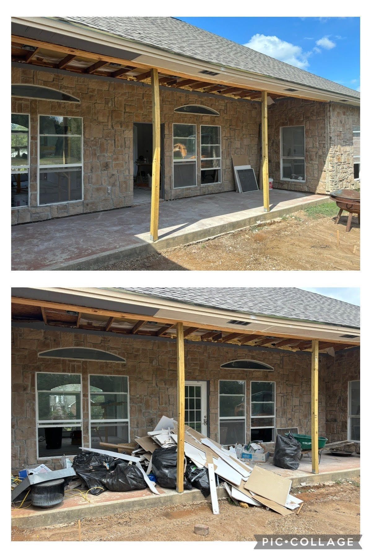 Two pictures of a house under construction with a porch.